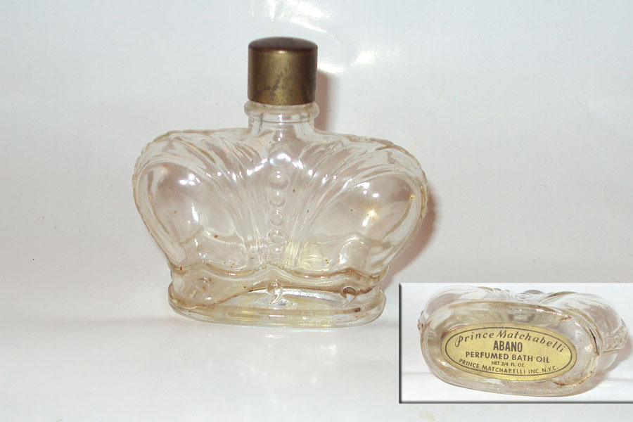 Flacon Abano de Matchabelli Perfumed Bath Oil 3/4 fl oz  bouchon metal hauteur 5.9 cm 