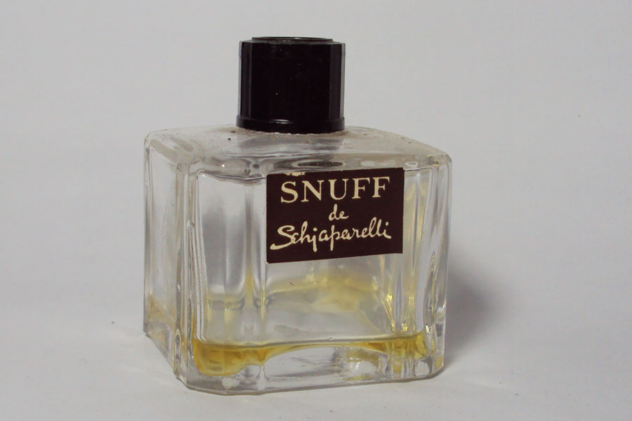 Miniature Snuff de Schiaparelli Flacon caré bouchon bakélite noire hauteur 5 cm 